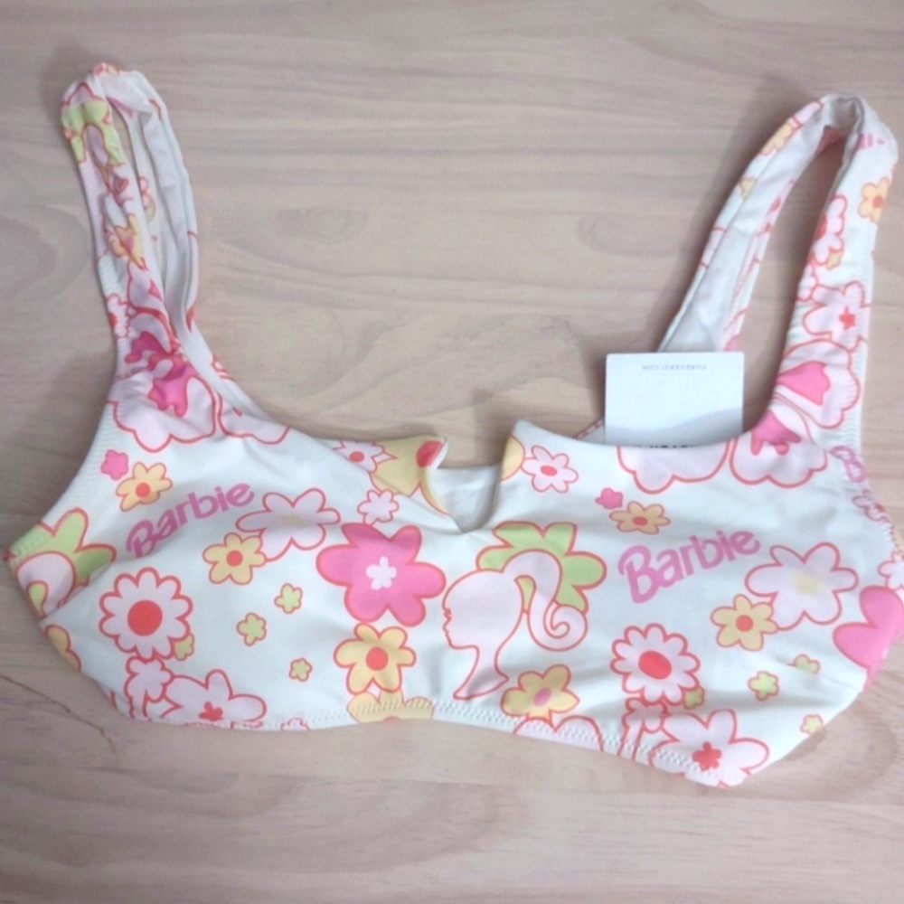 Barbie Fashionista Retro Logo Pink White Swim Top Bra Summer Beach Y2K Kawaii